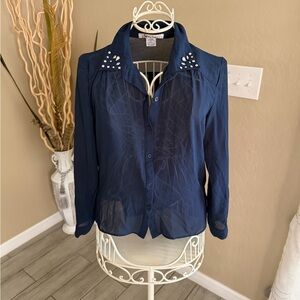 Studded Collar Navy Long Sleeve Button-Up Jacket